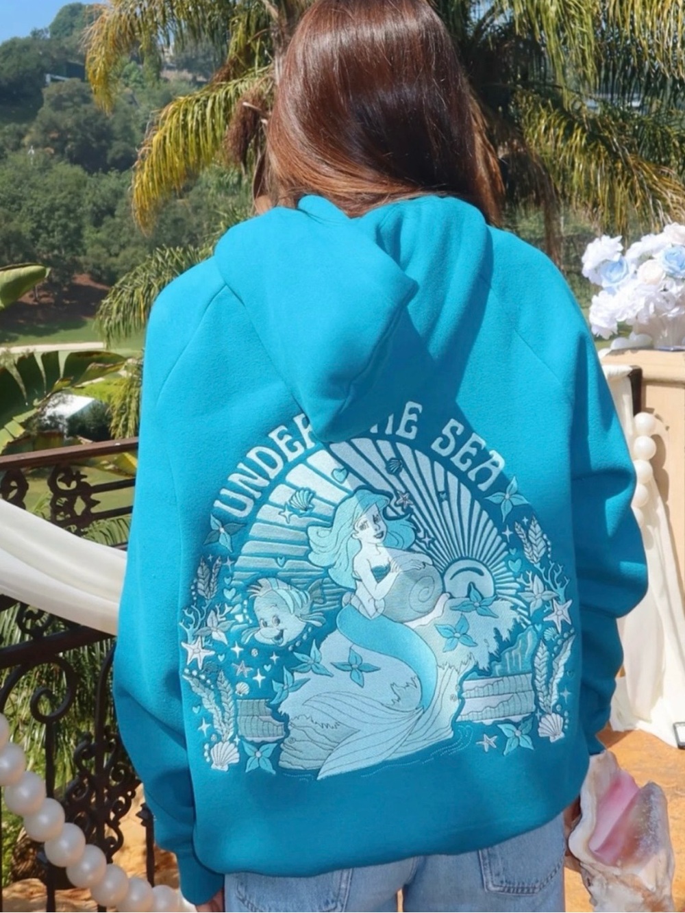Pink Palm Puff The Mermaid Hoodie Sweatshirt. New in sealed box.